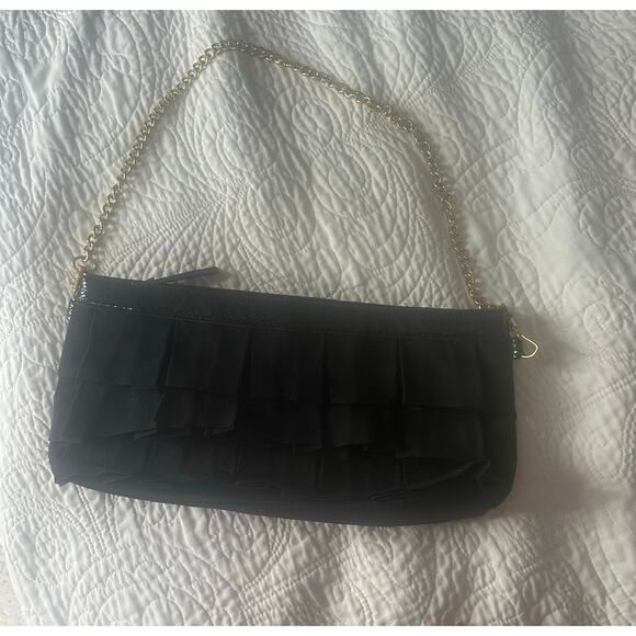 Solid Black Ruffled Clutch w/Chain - Picture 2 of 4